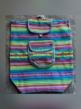 Handmade Embroidered Blue/Pink/Green Striped Backpack
